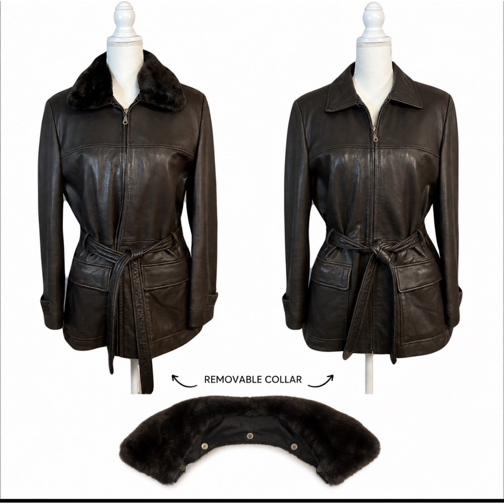 Limited Womens Leather Jacket M Removable Fur Collar Zip Out Liner Belted Brown